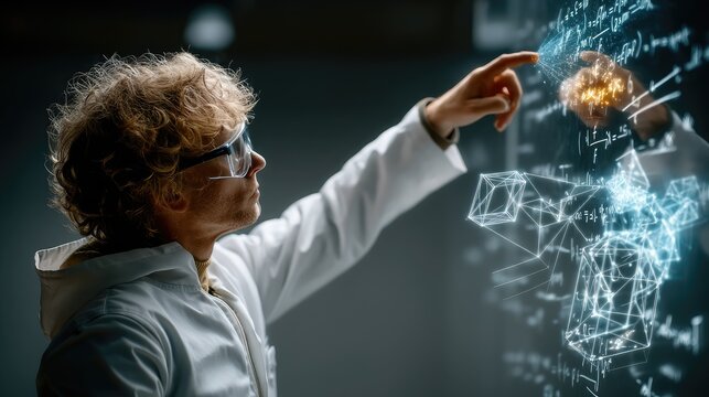 Teacher pointing at a whiteboard, holographic mathematical formulas and 3d geometry shapes floating, stem education technology concept
