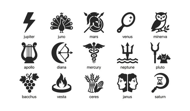 Classical deity icons arranged in grid on white background