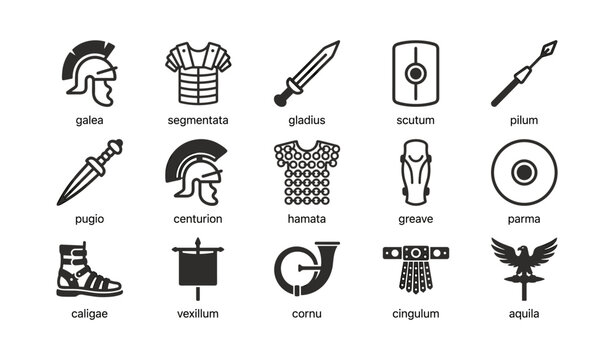 Roman military equipment icons displayed in grid layout