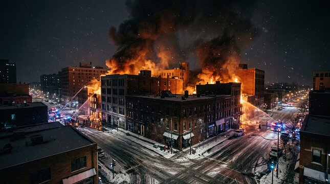 Burning Building at Night Dramatic Urban Fire Disaster Scene