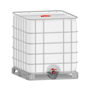 White plastic intermediate bulk container in metal cage or industrial liquid storage tank mockup. Realistic vector illustration isolated on white background. EPS10.