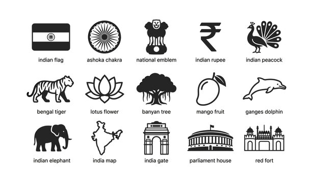 Indian national icons and symbols arranged in grid layout