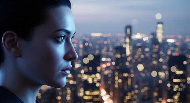 Woman's profile looking out at a blurred city skyline at dusk deep thought contemplation