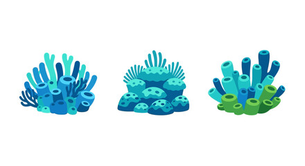 Fototapeta premium Colorful Coral Reef Elements: Blue, Teal, Green Underwater Marine Life Illustrations