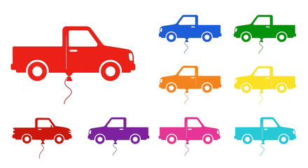 Naklejka premium Colorful Pickup Trucks with Balloons Collection - Vector Icons