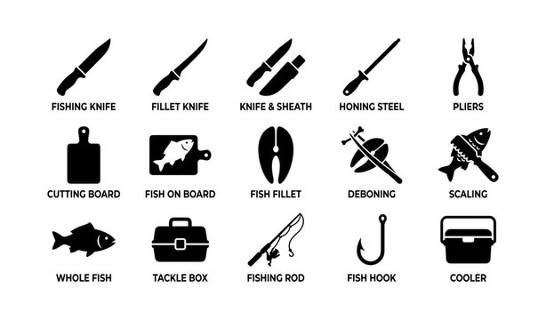Fishing tool icons showing knives and fish gear on white