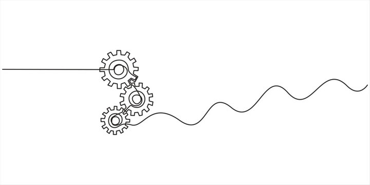 Simple continuous one line drawing of three interlocking gears or cogs. Minimalist technology, process, and engineering vector illustration. Simple continuous one line drawing of three interlocking 