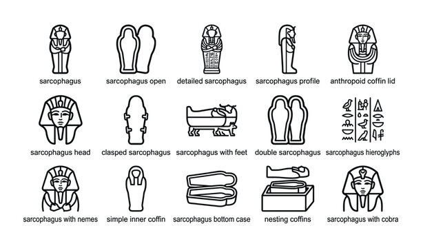 Egyptian sarcophagus icons showing coffin types and hieroglyphs