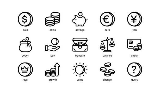 Currency and finance icons arranged in grid on white background
