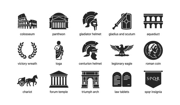 Roman symbols arranged in grid on white background