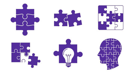 Naklejka premium Puzzle Pieces Icons: Solution, Idea, Teamwork, Strategy, Brain, Connection