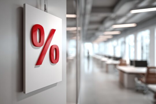 Percentage red sign object standing on white desk. Office background, copy space. Symbol percent. Seasonal sale discount. Rate for finance return. Investment ROI, credit mortgage, marketing, promotion