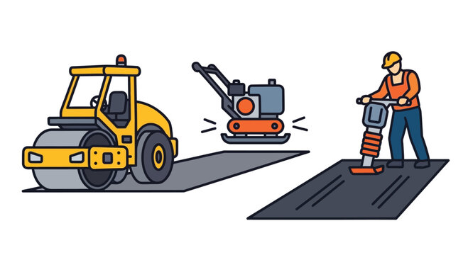Road construction: roller, compactor, and worker compacting asphalt