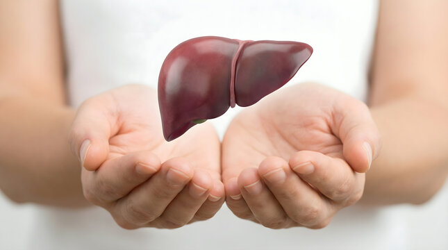Human liver in hands, healthcare concept