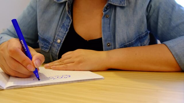 Candid desk scene shows a hand filling a notebook with spontaneous doodles, focus on ink strokes and paper texture. Simple drawing supports emotional balance, aiding mental health and calm.