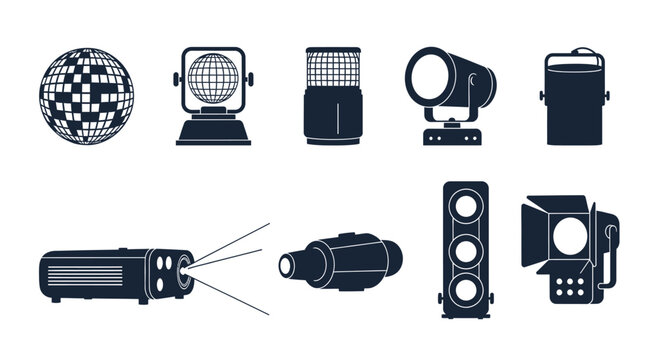 Stage Lighting Equipment Icons: Disco Ball, Projector, Spotlight, Par Can, Strobe Light