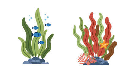 Obraz premium Vibrant underwater scene with colorful coral, seaweed, starfish, and small fish in clear blue water.
