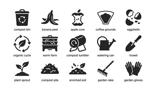 Composting and garden tool icons on white background