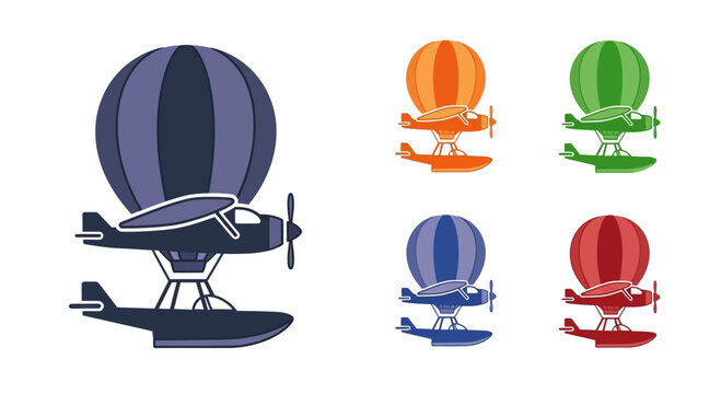 Vintage Airship Seaplane Icon Set: Retro Aircraft and Balloon Designs
