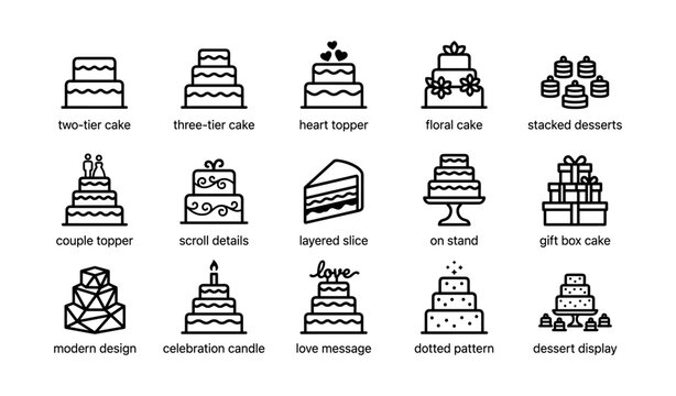 Wedding cakes and dessert icons showing tiers and decorations