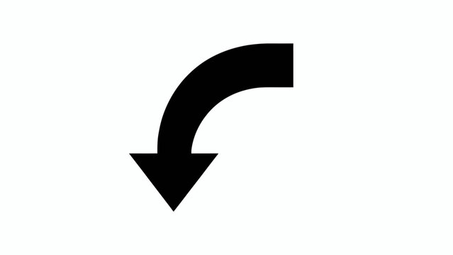 Black arrow icon, curved arrow symbol, vector down arrow, direction pointer