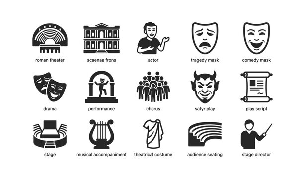 Theater icons showing masks actors stage and audience seating