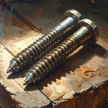 Two Large Industrial Metal Lag Bolts With Hexagonal Heads Resting On A Textured Wooden Workbench Digital Painting With Realistic Lighting And Rust