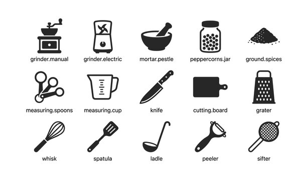 Kitchen utensil icons showing tools for cooking and measuring