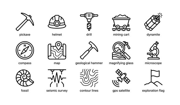 Mining and exploration icons arranged in grid on white