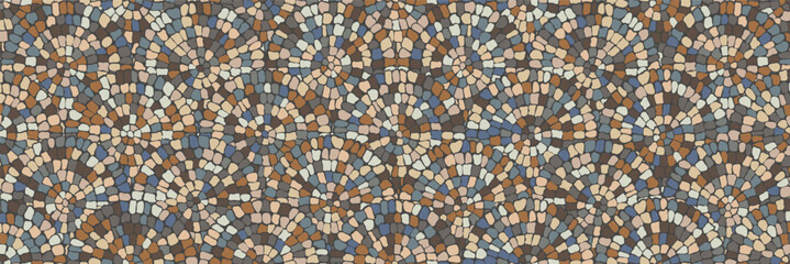 Fototapeta premium Antique opus reticulatum cobblestone seamless pattern. Vector European fan pavement texture with natural stone pebbles for Mediterranean garden and outdoor architectural design.