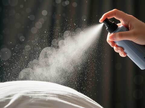 Hand spraying mist over fresh clean laundry fabric
