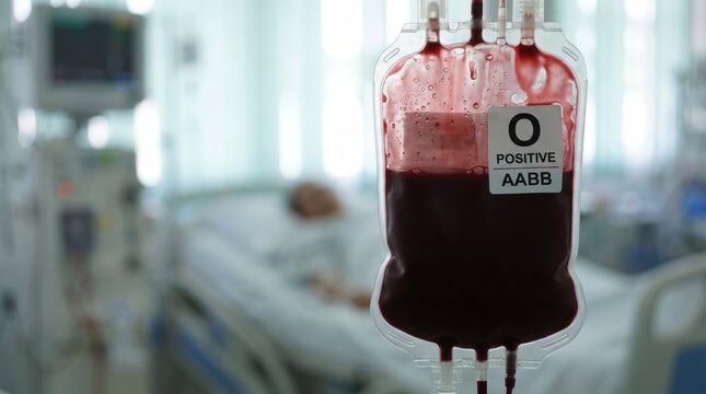 Close-up of Blood Bag with O Positive Label in Hospital