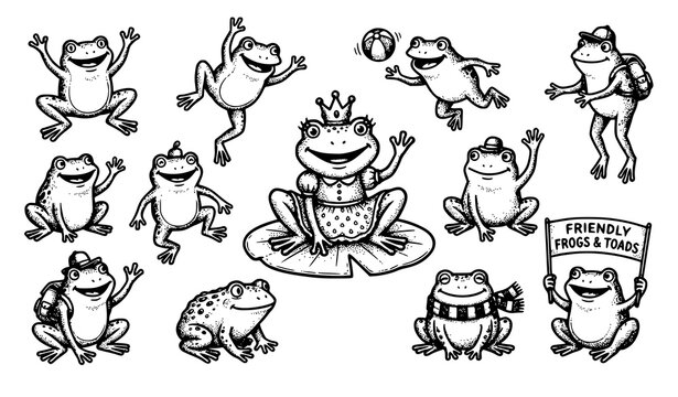 Vintage engraving style frog and toad illustration set