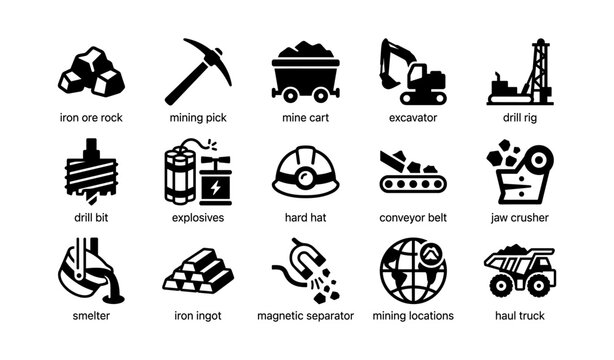 Mining and excavation icons arranged in grid on white background