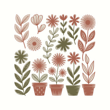 A colorful illustration of various potted plants and flowers on pahar