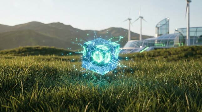 Small glowing cube floating in a renewable energy field