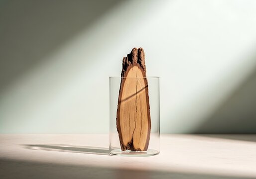 A single piece of cinchona bark standing upright inside a clear glass container on a light wooden surface, captured in studio lighting with soft shadows