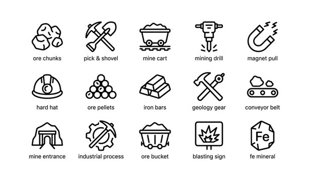 Mining icons illustrating tools ores and processing on white grid
