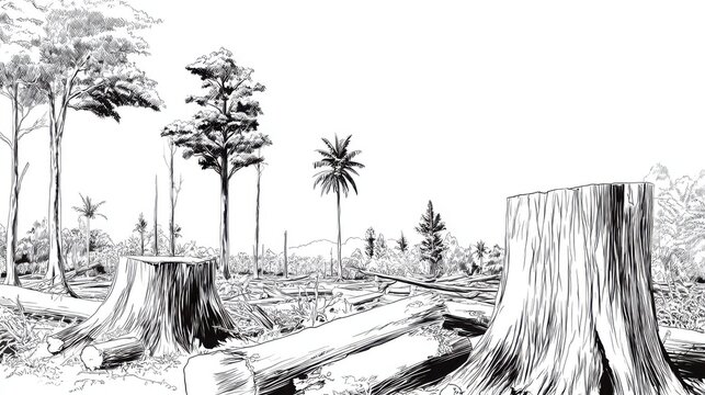 Deforested Landscape with Tree Stumps and Clear-Cut Area Illustration