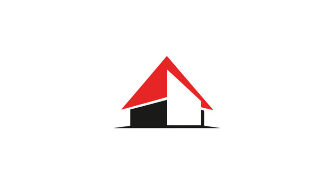 Minimalist geometric representation of a house with red roof and black section symbol