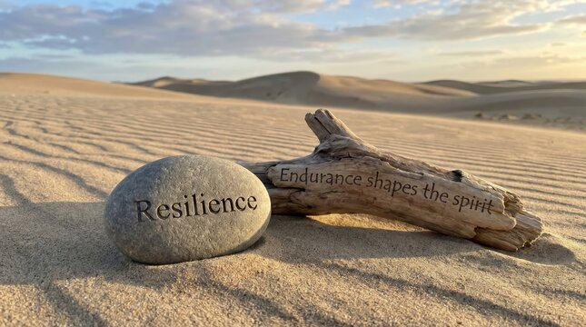Stone and Driftwood with Inspiring Words in a Desert Landscape