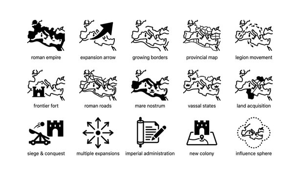 Roman empire map icons showing expansion concepts on white background