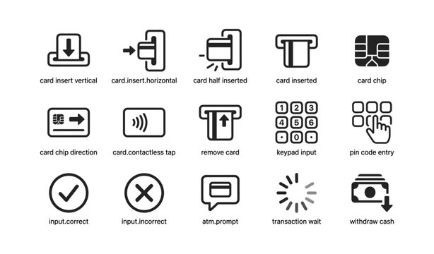 Payment and atm icons showing card actions on white background