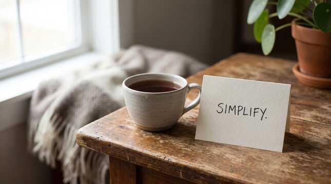 Cup of Tea Beside a Simple 'Simplify' Message