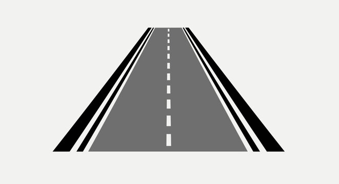 Straight road graphic in perspective, isolated on white, with dashed center line and borders