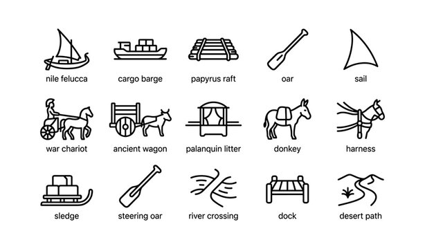 Ancient boats and land transport icons on white grid background