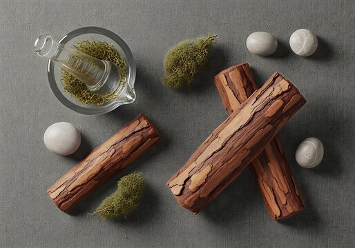Natural flat lay arrangement featuring cinchona bark logs with green moss, smooth white river stones, and a glass mortar on a textured grey background