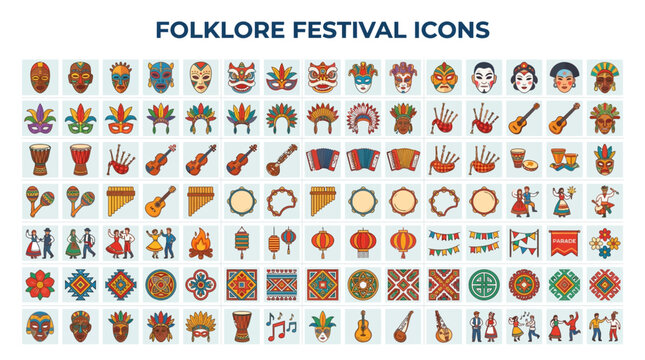 Vibrant folklore festival icons showcase cultural symbols and instruments