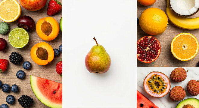 Obst Collage mit Birne auf wei&szlig;em Hintergrund und frischen Fr&uuml;chten als Rahmen, Draufsicht