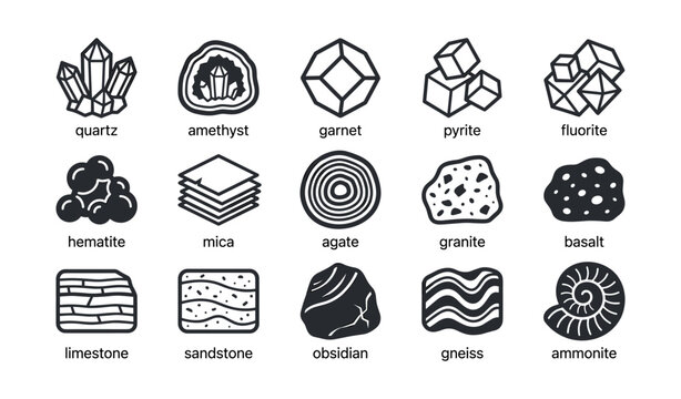 Mineral and rock icons arranged in grid on white background